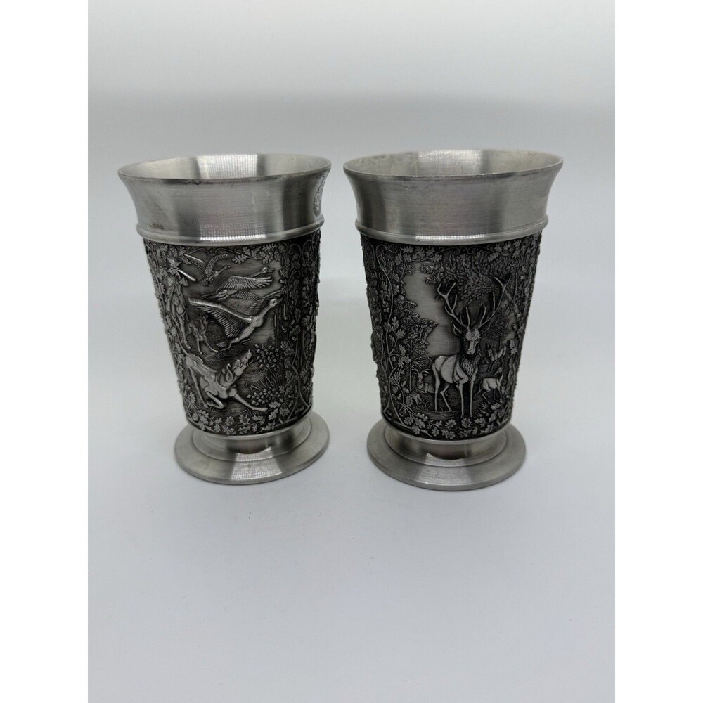 Zinn Becker 95% Pewter Gegossen Hunting Scenes Cup / Goblet Set of 2 Germany